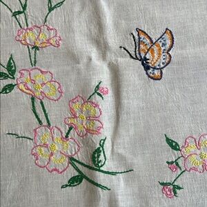 Vintage square embroidered table cloth, likely to be for a card table 38” X 39”